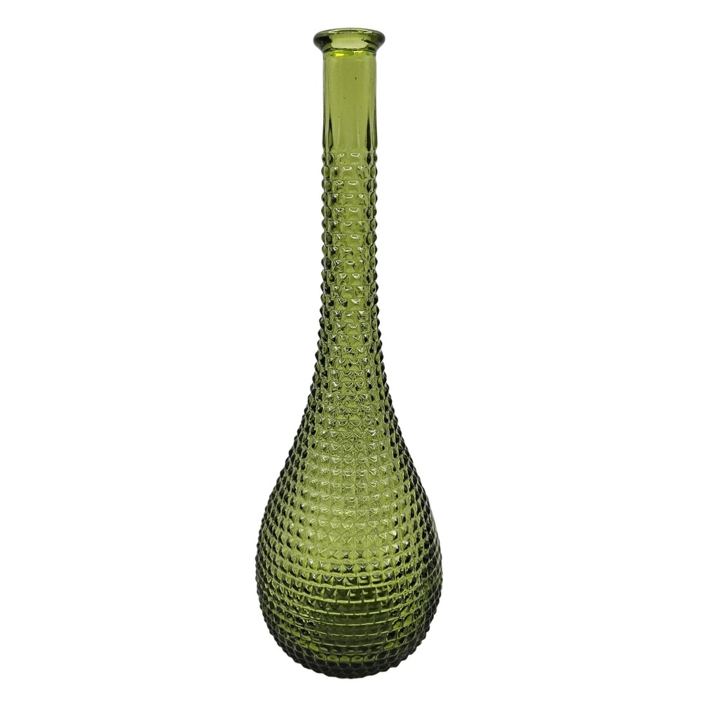 Vintage Mid Century Green Glass Genie Bottle Decanter Hobnail 15.5" MCM Vase